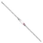 14K White Gold Medical Solid Chain/Solid Plate 26x7mm Soft Diamond Shape Off-Center Red Enamel Figaro Link 8 inch ID Bracelet
