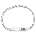14K White Gold Medical Solid Chain/Solid Plate 26x7mm Soft Diamond Shape Off-Center Red Enamel Figaro Link 8 inch ID Bracelet