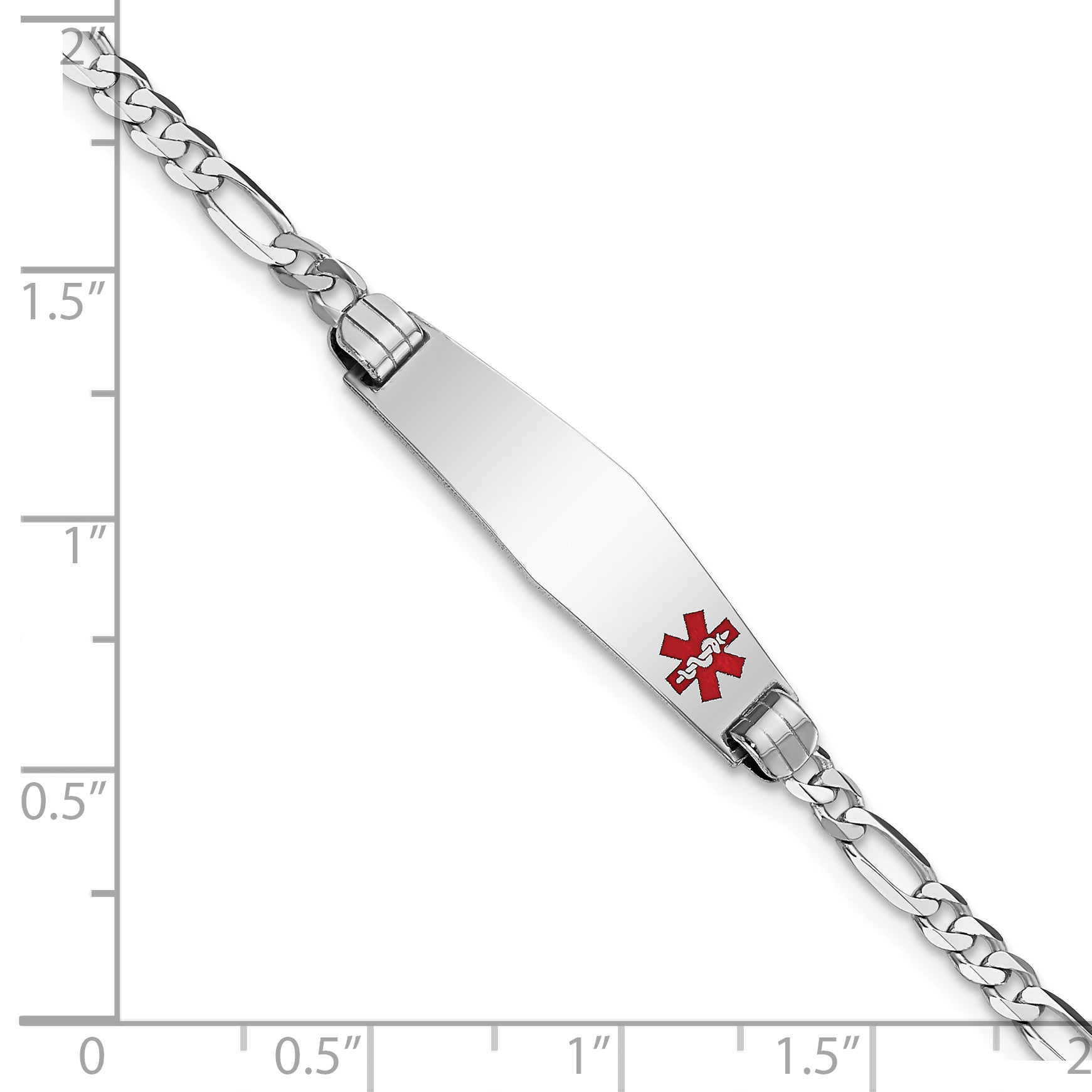 14K White Gold Medical Solid Chain/Solid Plate 26x7mm Soft Diamond Shape Off-Center Red Enamel Figaro Link 7 inch ID Bracelet