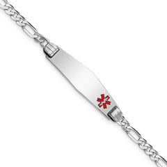 14K White Gold Medical Solid Chain/Solid Plate 26x7mm Soft Diamond Shape Off-Center Red Enamel Figaro Link 7 inch ID Bracelet