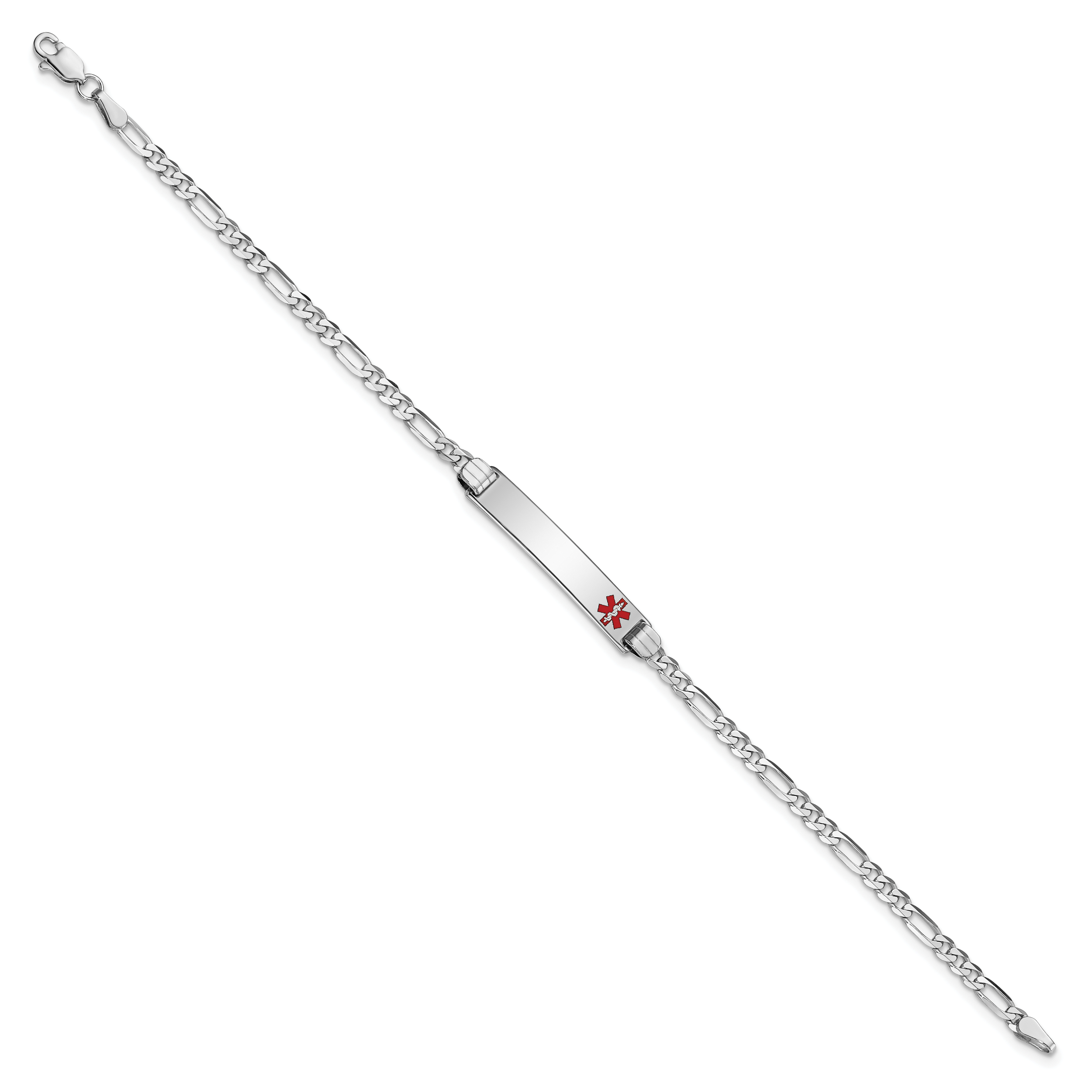 14K White Gold Medical Solid Chain/Solid Plate 26x5mm Off-Center Red Enamel Figaro Link 7 inch ID Bracelet Secondary image