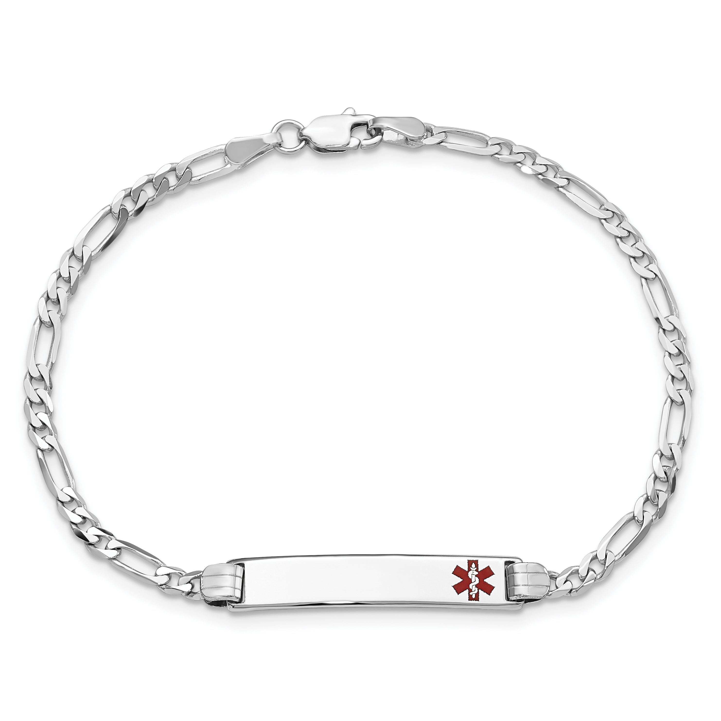 14K White Gold Medical Solid Chain/Solid Plate 26x5mm Off-Center Red Enamel Figaro Link 7 inch ID Bracelet