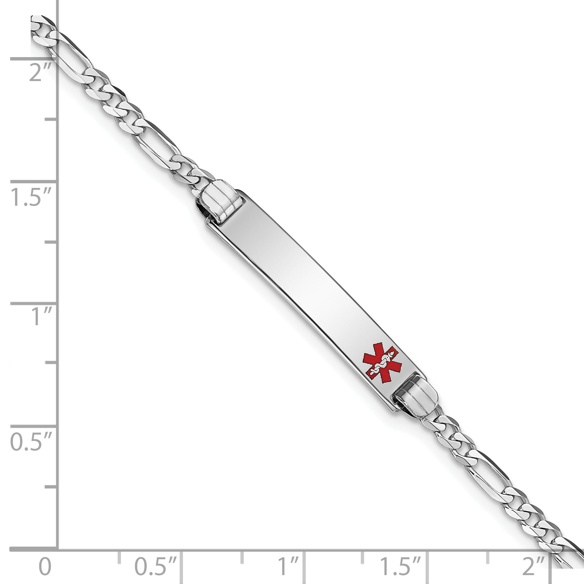 14K White Gold Medical Solid Chain/Solid Plate 26x5mm Off-Center Red Enamel Figaro Link 7 inch ID Bracelet