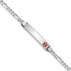 14K White Gold Medical Solid Chain/Solid Plate 26x5mm Off-Center Red Enamel Figaro Link 7 inch ID Bracelet