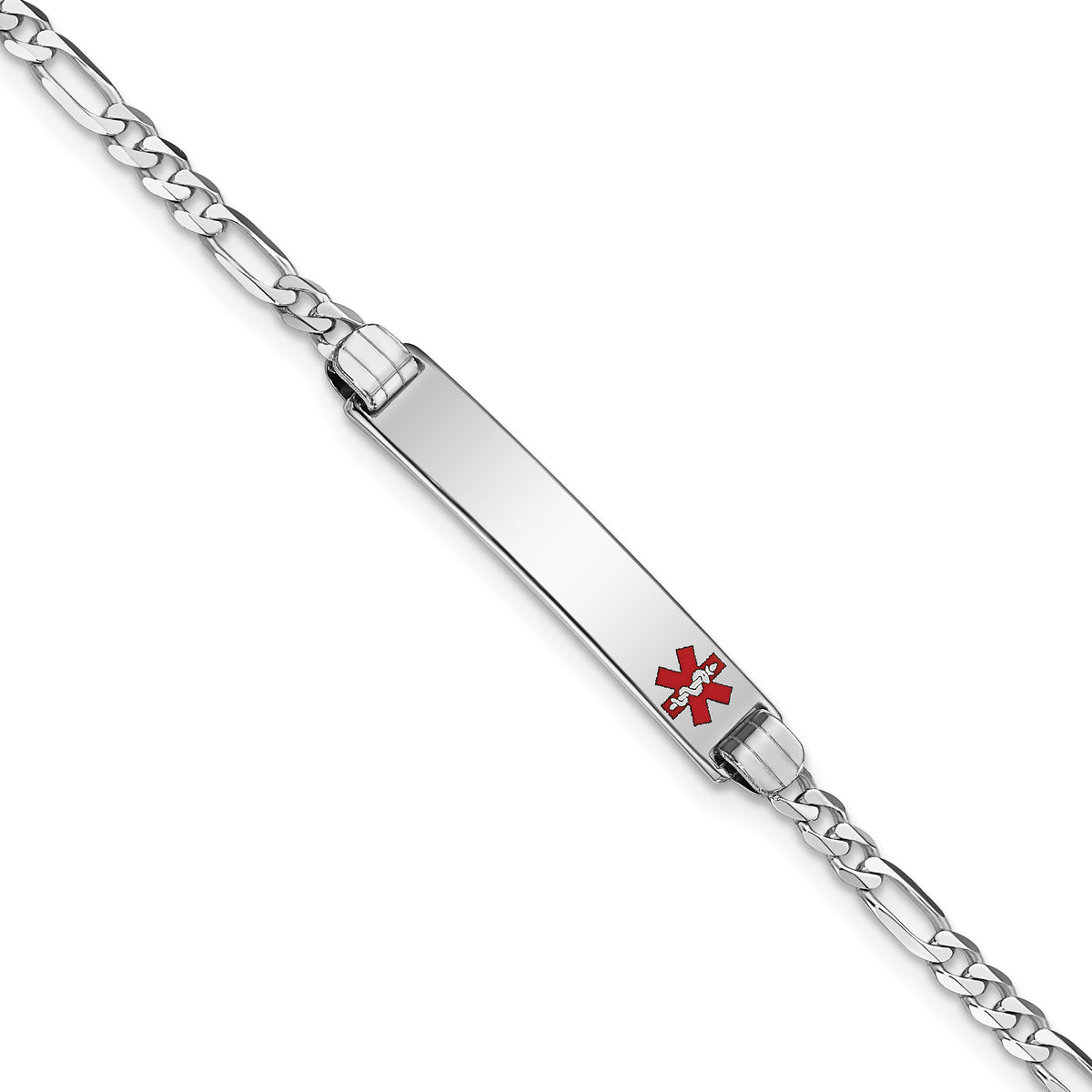 14K White Gold Medical Solid Chain/Solid Plate 26x5mm Off-Center Red Enamel Figaro Link 7 inch ID Bracelet