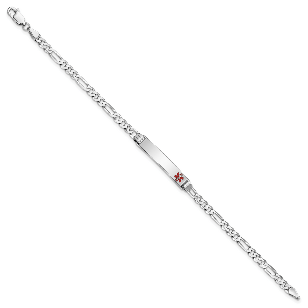 14K White Gold Medical Solid Chain/Solid Plate 26x5mm Off-Center Red Enamel Figaro Link 7 inch ID Bracelet