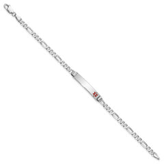 14K White Gold Medical Solid Chain/Solid Plate 26x5mm Off-Center Red Enamel Figaro Link 7 inch ID Bracelet