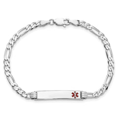 14K White Gold Medical Solid Chain/Solid Plate 26x5mm Off-Center Red Enamel Figaro Link 7 inch ID Bracelet