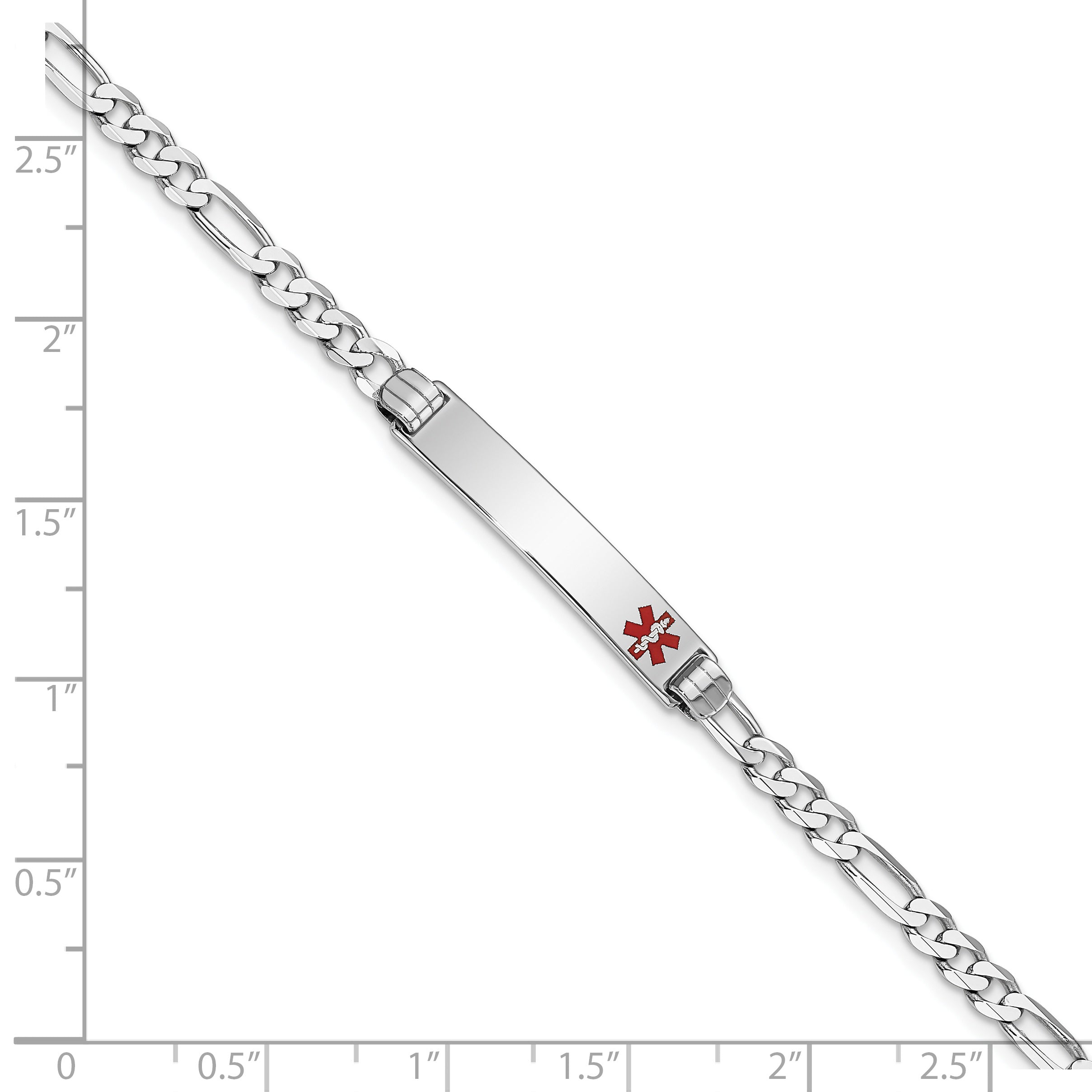 14K White Gold Medical Solid Chain/Solid Plate 26x5mm Off-Center Red Enamel Figaro Link 7 inch ID Bracelet