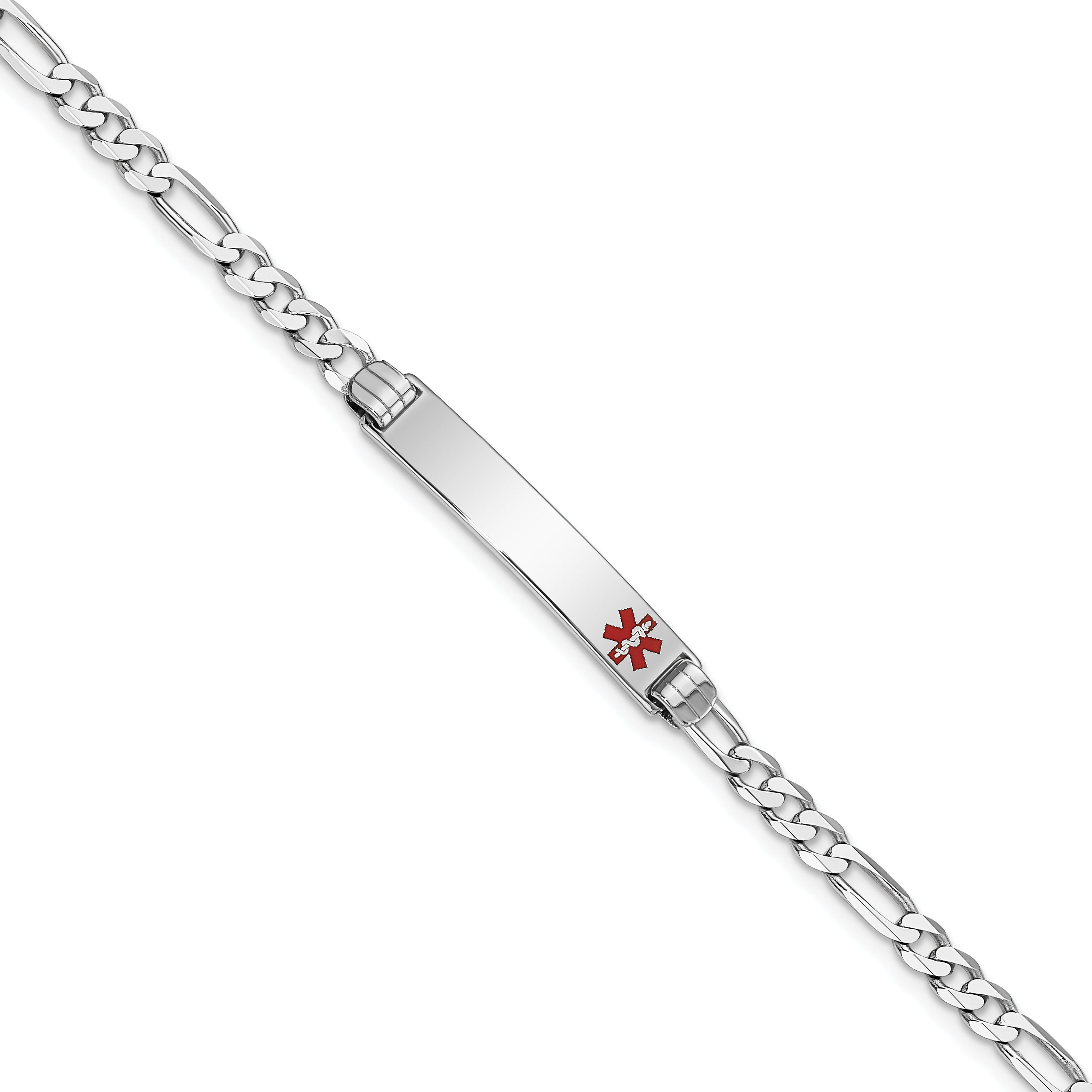 14K White Gold Medical Solid Chain/Solid Plate 26x5mm Off-Center Red Enamel Figaro Link 7 inch ID Bracelet Main image