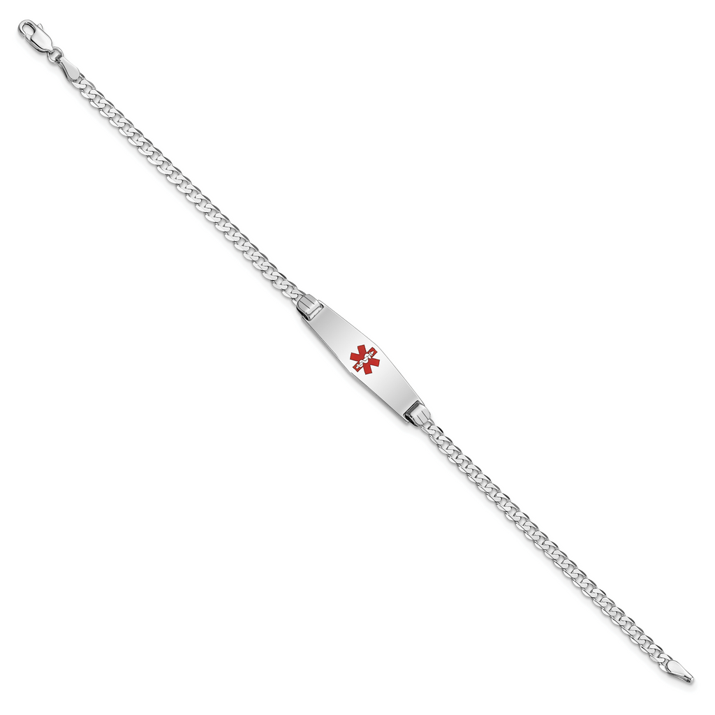 14K White Gold Medical Solid Chain/Solid Plate 24x7mm Soft Diamond Shape Centered Red Enamel Flat Curb Link 7 inch ID Bracelet