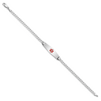14K White Gold Medical Solid Chain/Solid Plate 24x7mm Soft Diamond Shape Centered Red Enamel Flat Curb Link 8 inch ID Bracele