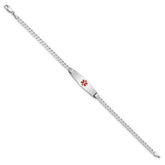 14K White Gold Medical Solid Chain/Solid Plate 24x7mm Soft Diamond Shape Centered Red Enamel Flat Curb Link 7 inch ID Bracelet