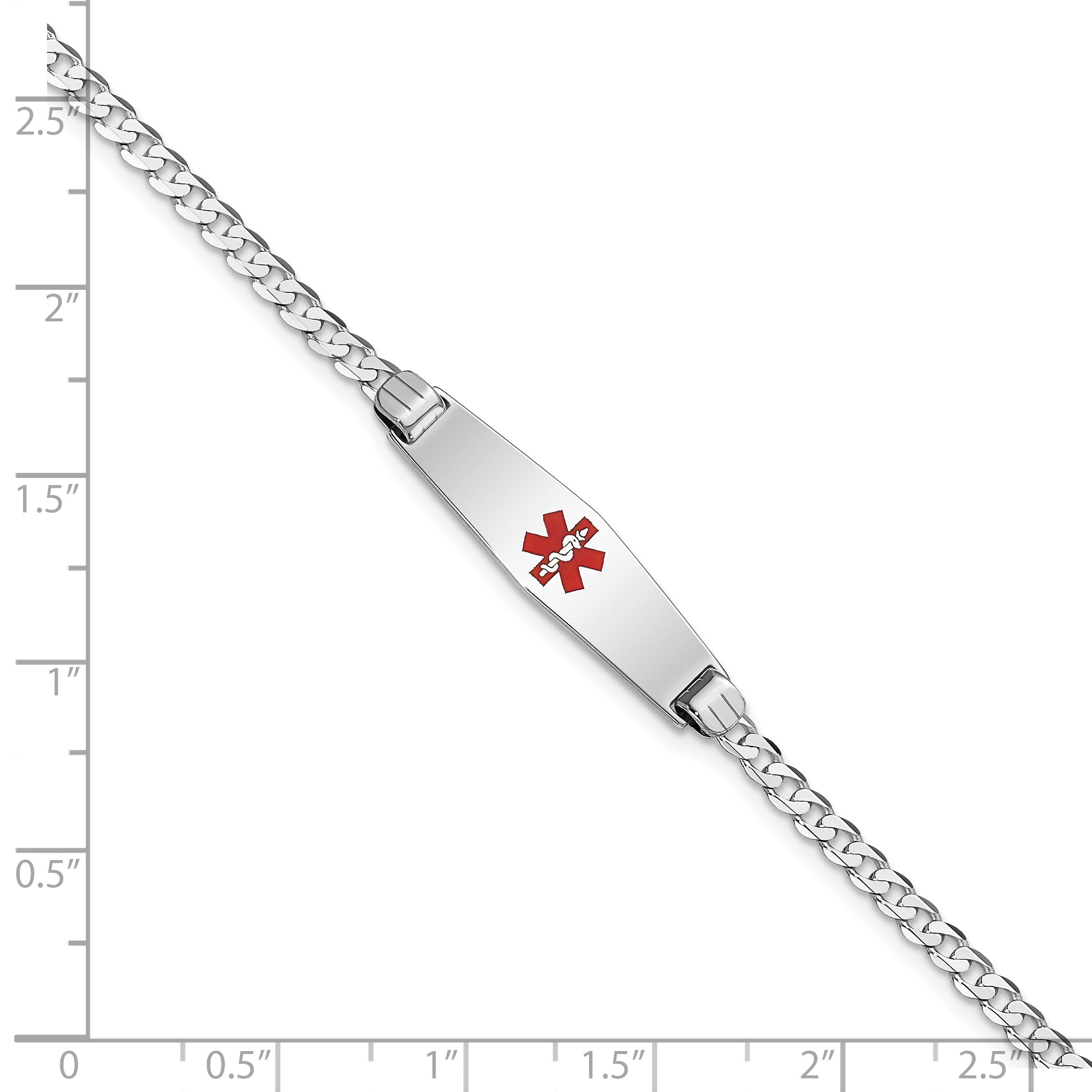 14K White Gold Medical Solid Chain/Solid Plate 24x7mm Soft Diamond Shape Centered Red Enamel Flat Curb Link 7 inch ID Bracelet