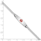 14K White Gold Medical Solid Chain/Solid Plate 24x7mm Soft Diamond Shape Centered Red Enamel Flat Curb Link 7 inch ID Bracelet