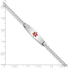14K White Gold Medical Solid Chain/Solid Plate 24x7mm Soft Diamond Shape Centered Red Enamel Flat Curb Link 7 inch ID Bracelet