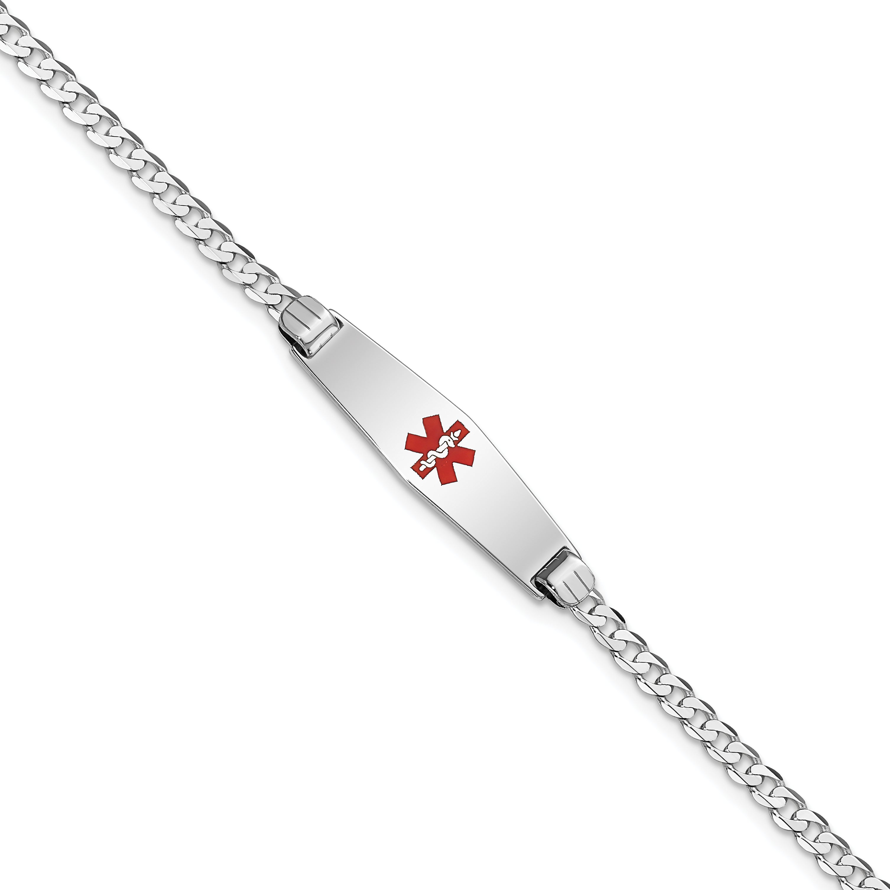 14K White Gold Medical Solid Chain/Solid Plate 24x7mm Soft Diamond Shape Centered Red Enamel Flat Curb Link 8 inch ID Bracele Main image