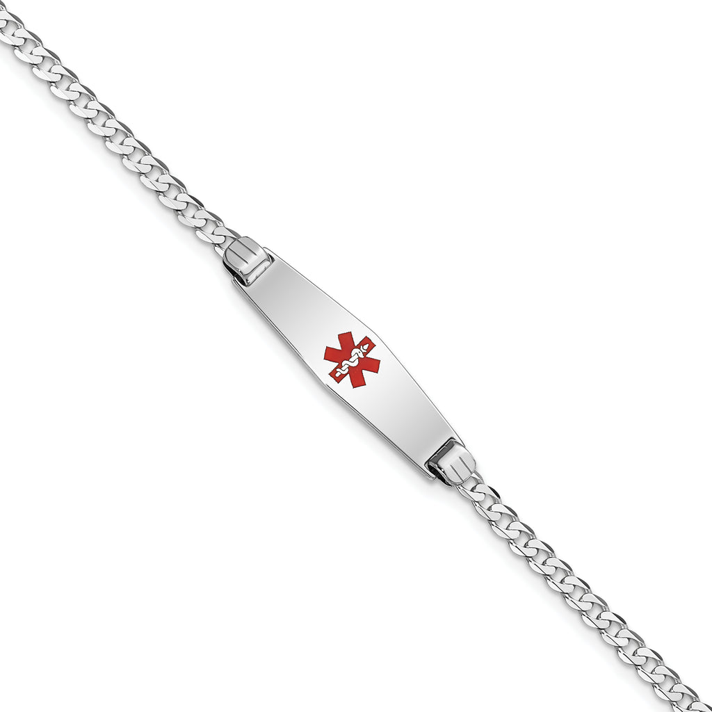 14K White Gold Medical Solid Chain/Solid Plate 24x7mm Soft Diamond Shape Centered Red Enamel Flat Curb Link 8 inch ID Bracele
