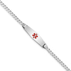 14K White Gold Medical Solid Chain/Solid Plate 24x7mm Soft Diamond Shape Centered Red Enamel Flat Curb Link 8 inch ID Bracele
