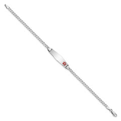 14K White Gold Medical Solid Chain/Solid Plate 26x7mm Soft Diamond Shape Off-Center Red Enamel Flat Curb Link 7 inch ID Bracelet