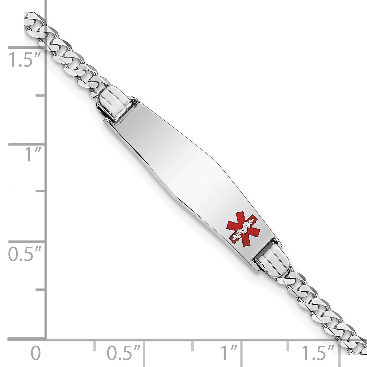 14K White Gold Medical Solid Chain/Solid Plate 26x7mm Soft Diamond Shape Off-Center Red Enamel Flat Curb Link 7 inch ID Bracelet