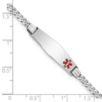 14K White Gold Medical Solid Chain/Solid Plate 26x7mm Soft Diamond Shape Off-Center Red Enamel Flat Curb Link 8 inch ID Brace