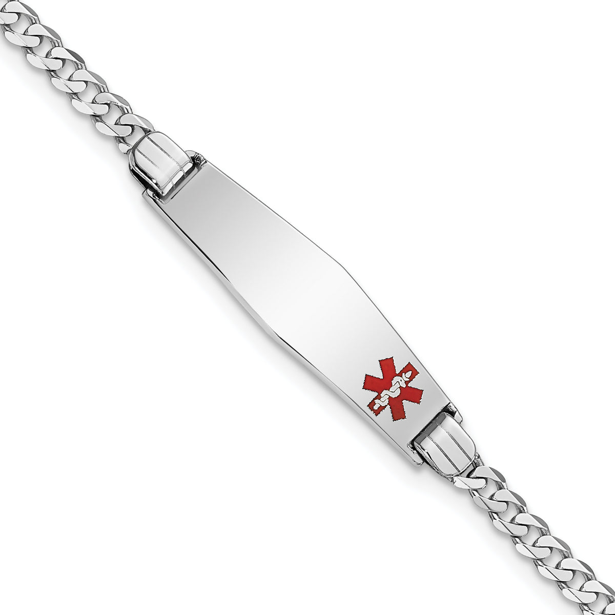 14K White Gold Medical Solid Chain/Solid Plate 26x7mm Soft Diamond Shape Off-Center Red Enamel Flat Curb Link 7 inch ID Bracelet