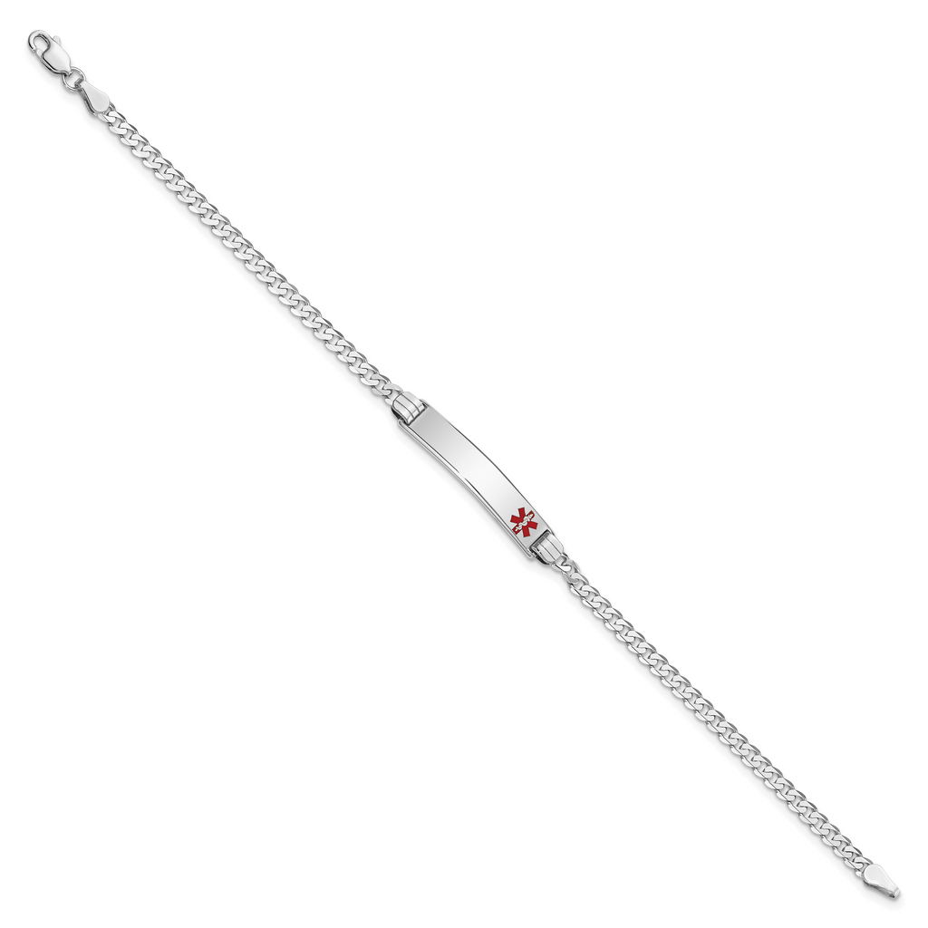 14K White Gold Medical Solid Chain/Solid Plate 26x5mm Off-Center Red Enamel Flat Curb Link 8 inch ID Bracelet