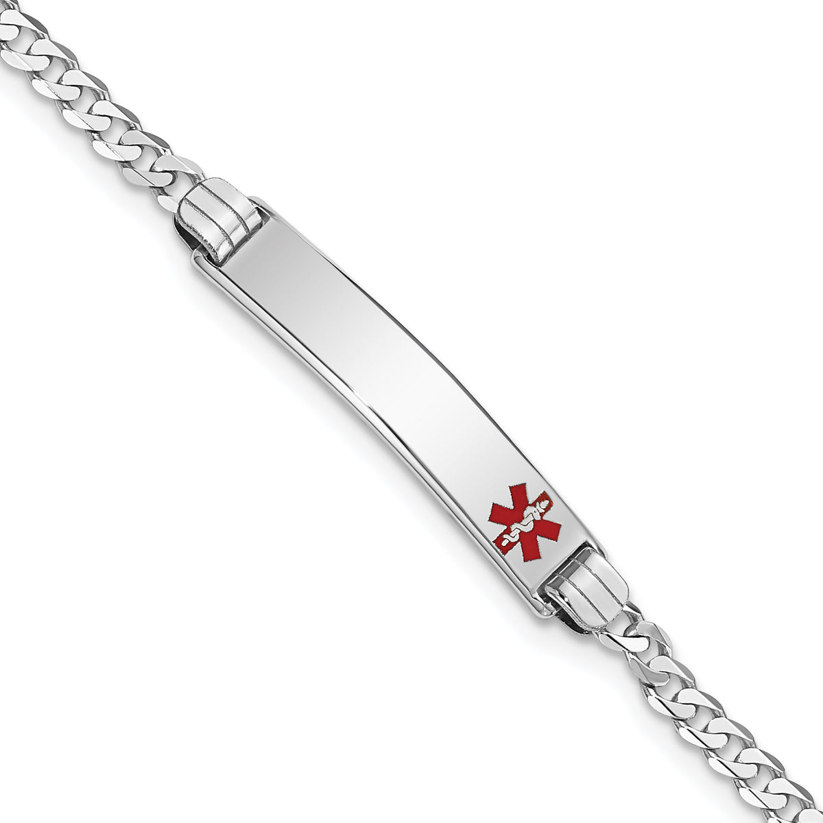 14K White Gold Medical Solid Chain/Solid Plate 26x5mm Off-Center Red Enamel Flat Curb Link 7 inch ID Bracelet