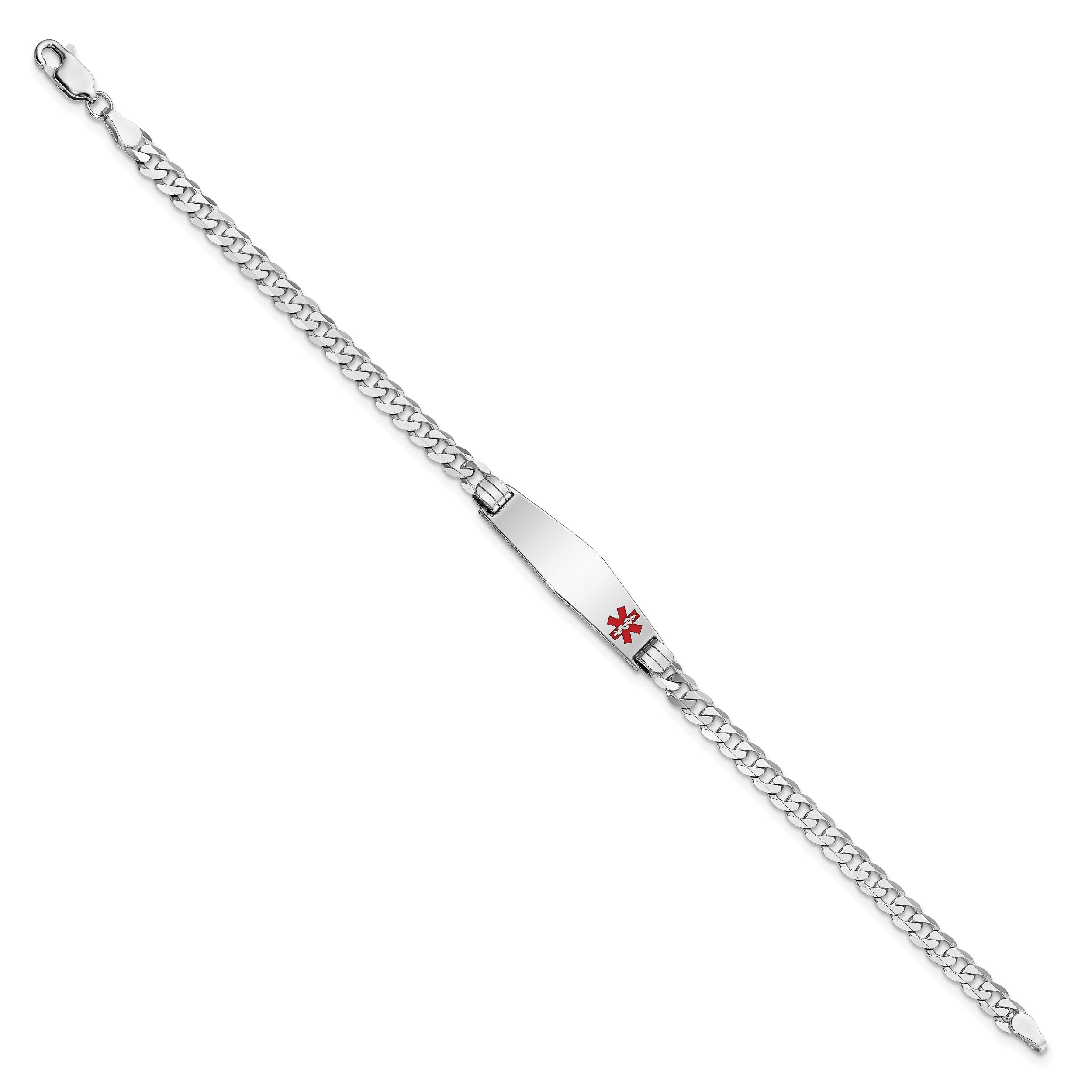 14K White Gold Medical Solid Chain/Solid Plate 26x7mm Soft Diamond Shape Off-Center Red Enamel Flat Curb Link 7 inch ID Bracelet