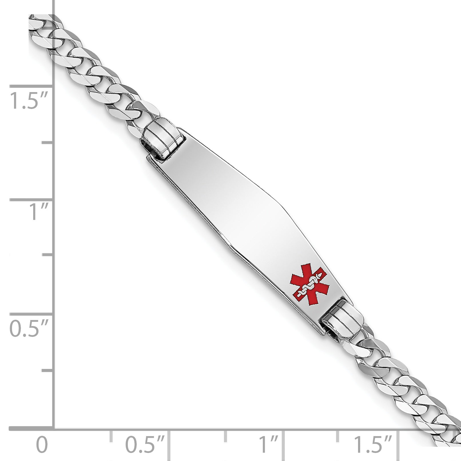 14K White Gold Medical Solid Chain/Solid Plate 26x7mm Soft Diamond Shape Off-Center Red Enamel Flat Curb Link 7 inch ID Bracelet
