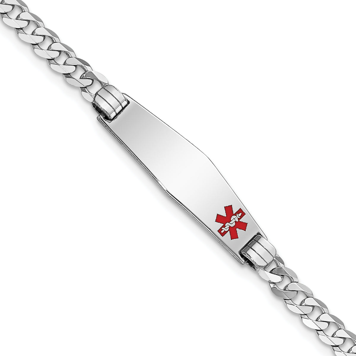 14K White Gold Medical Solid Chain/Solid Plate 26x7mm Soft Diamond Shape Off-Center Red Enamel Flat Curb Link 7 inch ID Bracelet
