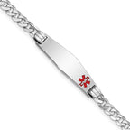 14K White Gold Medical Solid Chain/Solid Plate 26x7mm Soft Diamond Shape Off-Center Red Enamel Flat Curb Link 8 inch ID Brace