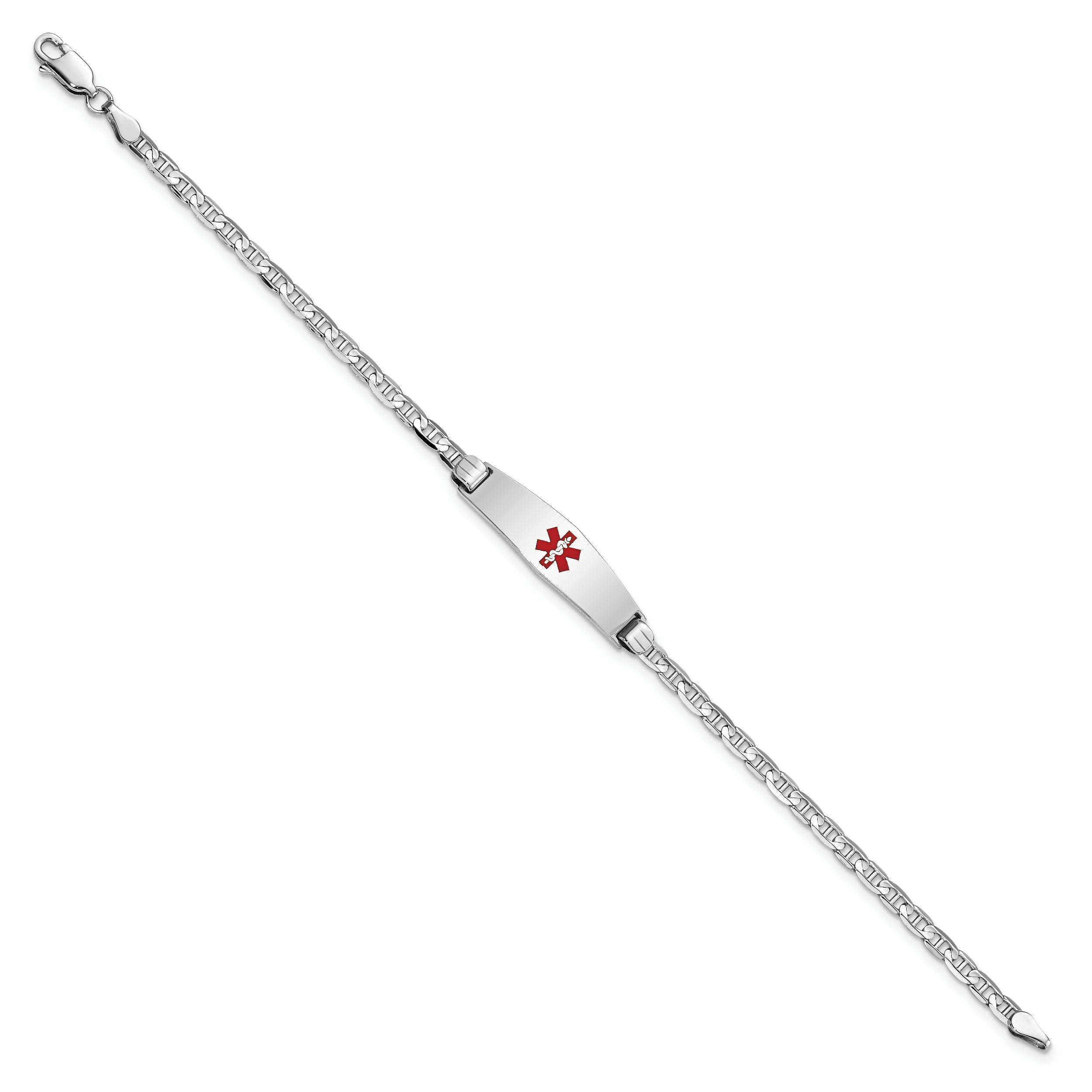 14K White Gold Medical Solid Chain/Solid Plate 24x7mm Soft Diamond Shape Centered Red Enamel Anchor Link 7 inch ID Bracelet