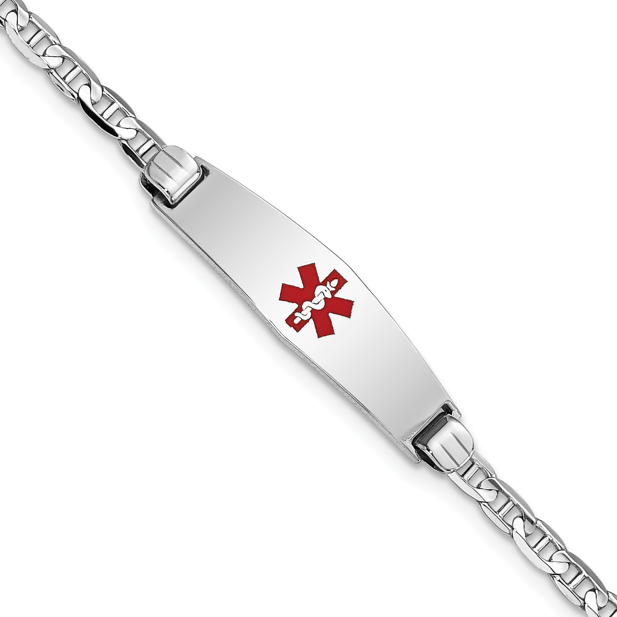 14K White Gold Medical Solid Chain/Solid Plate 24x7mm Soft Diamond Shape Centered Red Enamel Anchor Link 7 inch ID Bracelet Main image