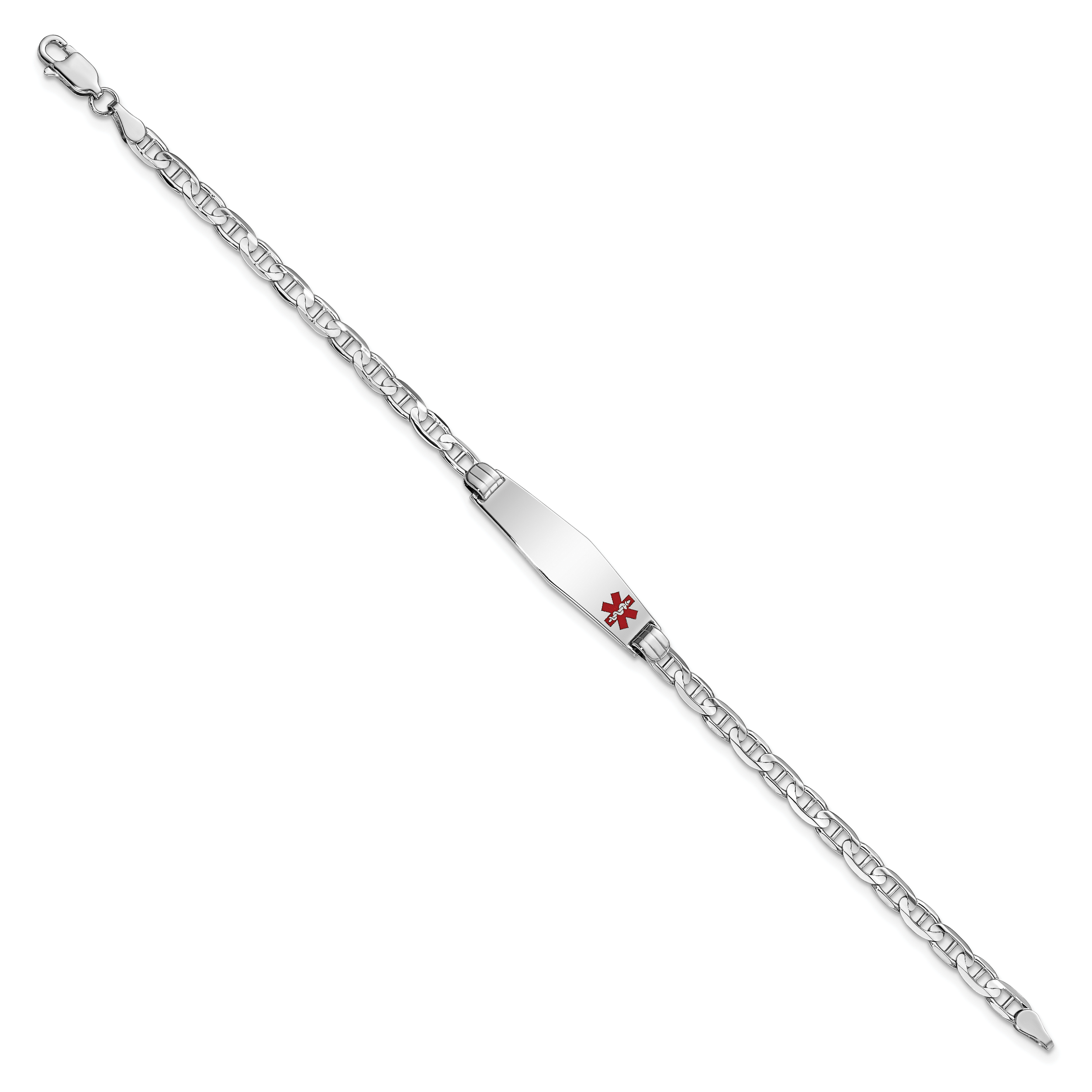 14K White Gold Medical Solid Chain/Solid Plate 26x7mm Soft Diamond Shape Off-Center Red Enamel Anchor Link 7 inch ID Bracelet Secondary image
