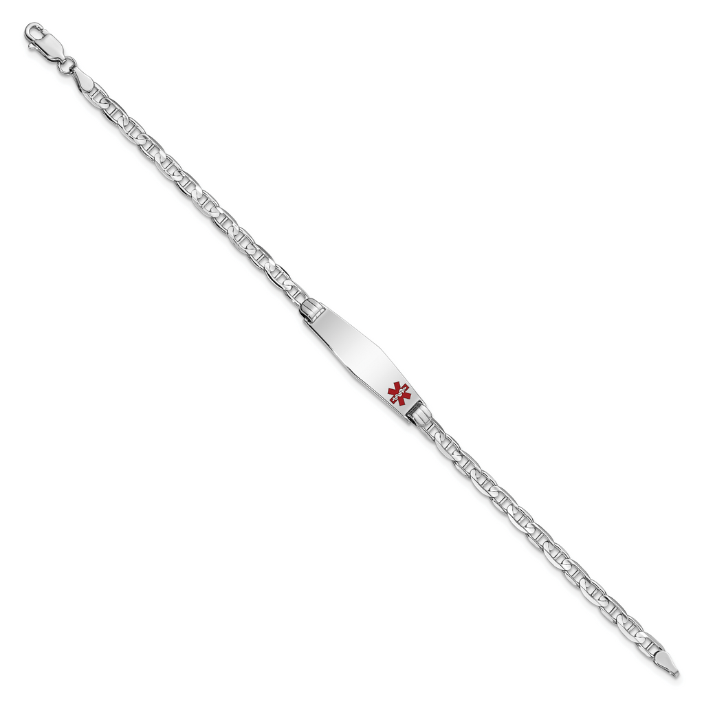 14K White Gold Medical Solid Chain/Solid Plate 26x7mm Soft Diamond Shape Off-Center Red Enamel Anchor Link 8 inch ID Bracelet