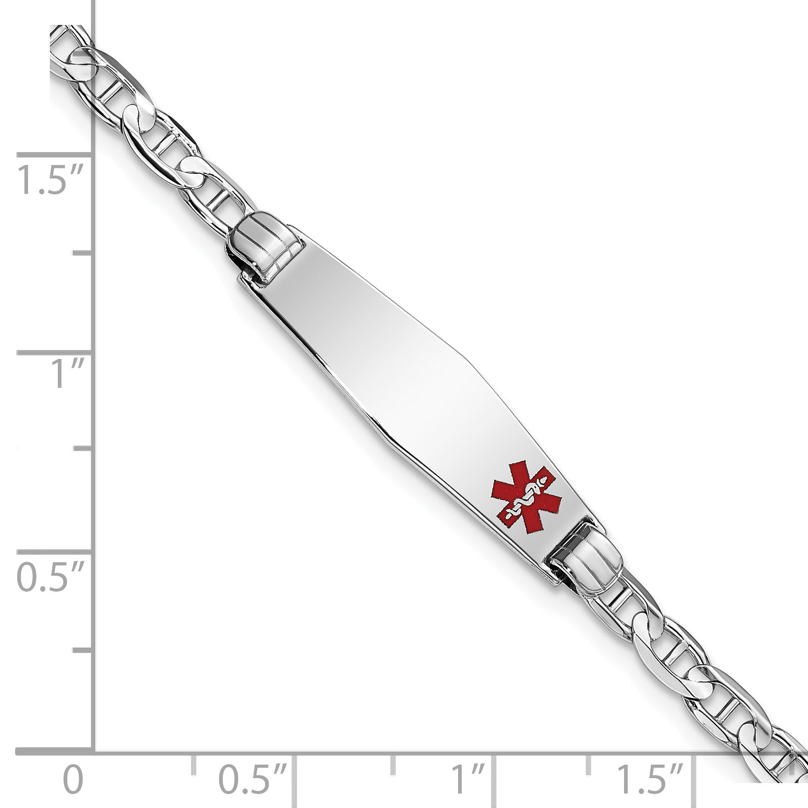 14K White Gold Medical Solid Chain/Solid Plate 26x7mm Soft Diamond Shape Off-Center Red Enamel Anchor Link 7 inch ID Bracelet
