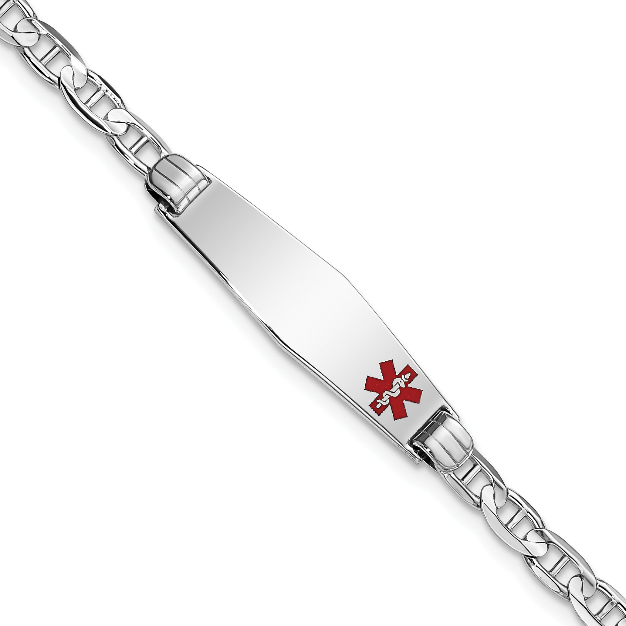 14K White Gold Medical Solid Chain/Solid Plate 26x7mm Soft Diamond Shape Off-Center Red Enamel Anchor Link 7 inch ID Bracelet
