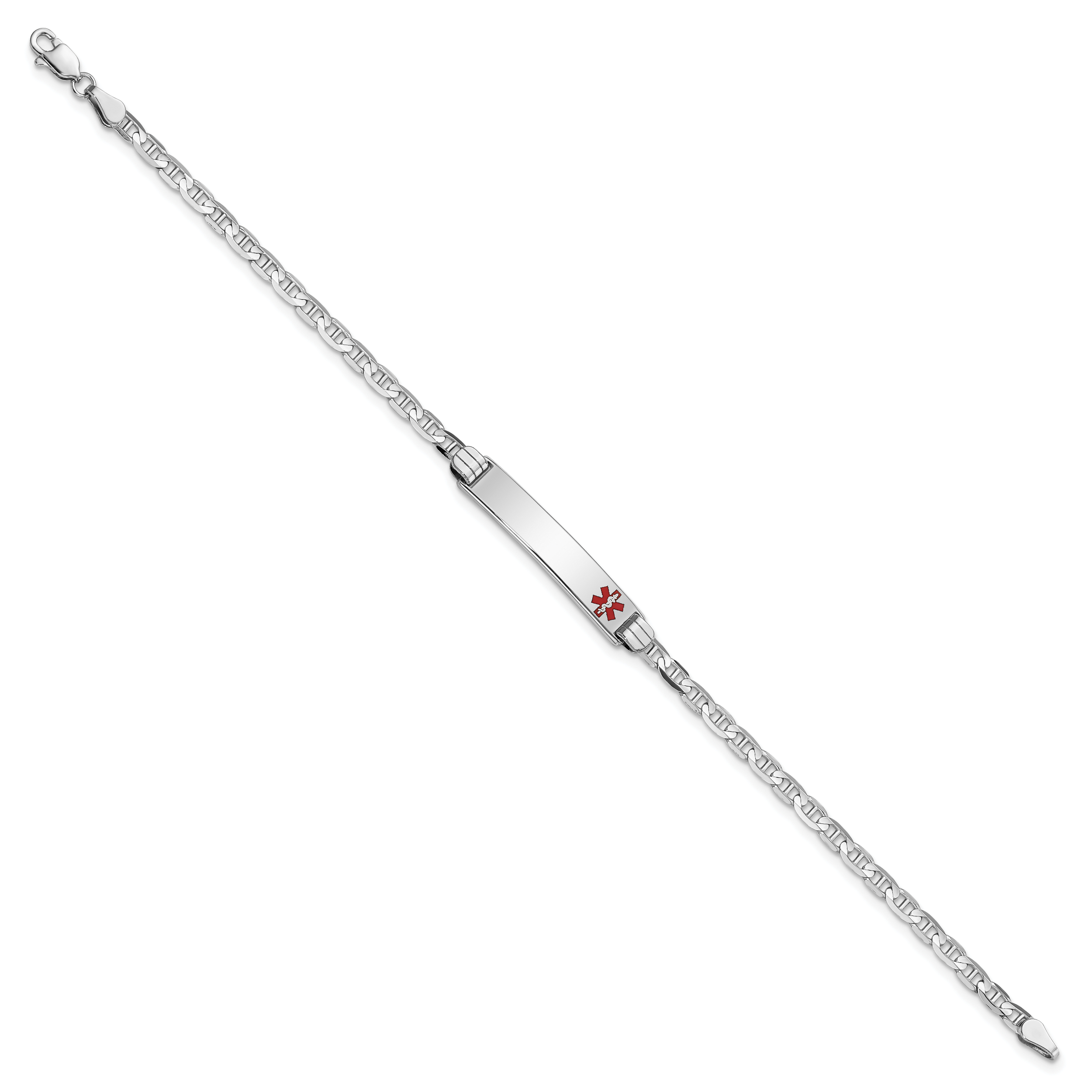 14K White Gold Medical Solid Chain/Solid Plate 26x5mm Off-Center Red Enamel Anchor Link 8 inch ID Bracelet Main image