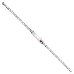 14K White Gold Medical Solid Chain/Solid Plate 26x5mm Off-Center Red Enamel Anchor Link 7 inch ID Bracelet