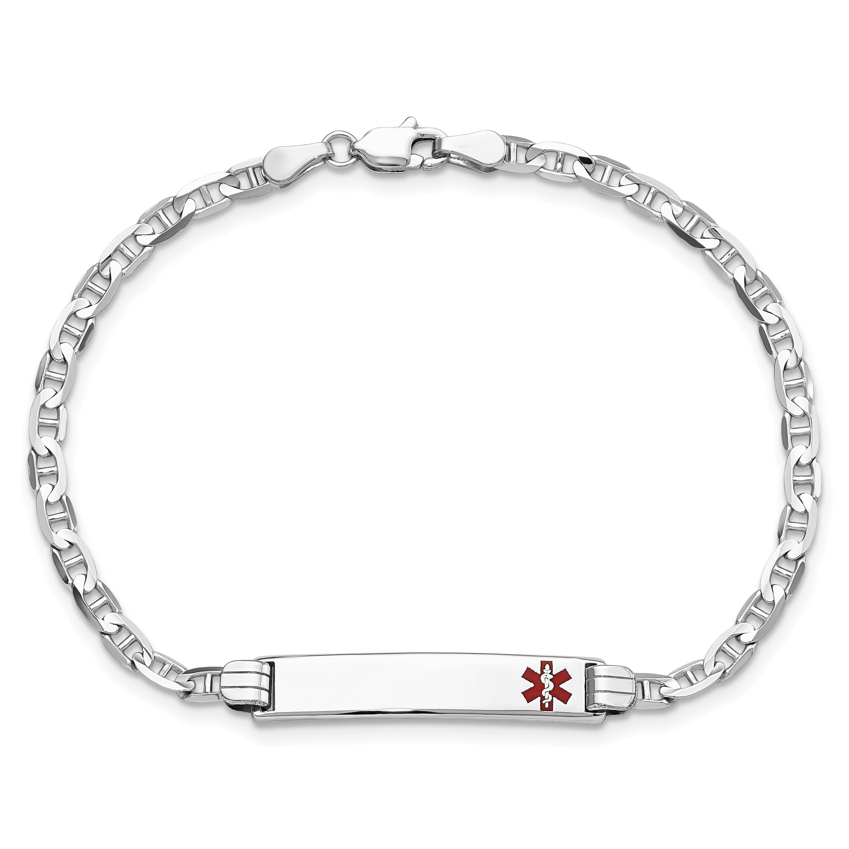 14K White Gold Medical Solid Chain/Solid Plate 26x5mm Off-Center Red Enamel Anchor Link 8 inch ID Bracelet Secondary image