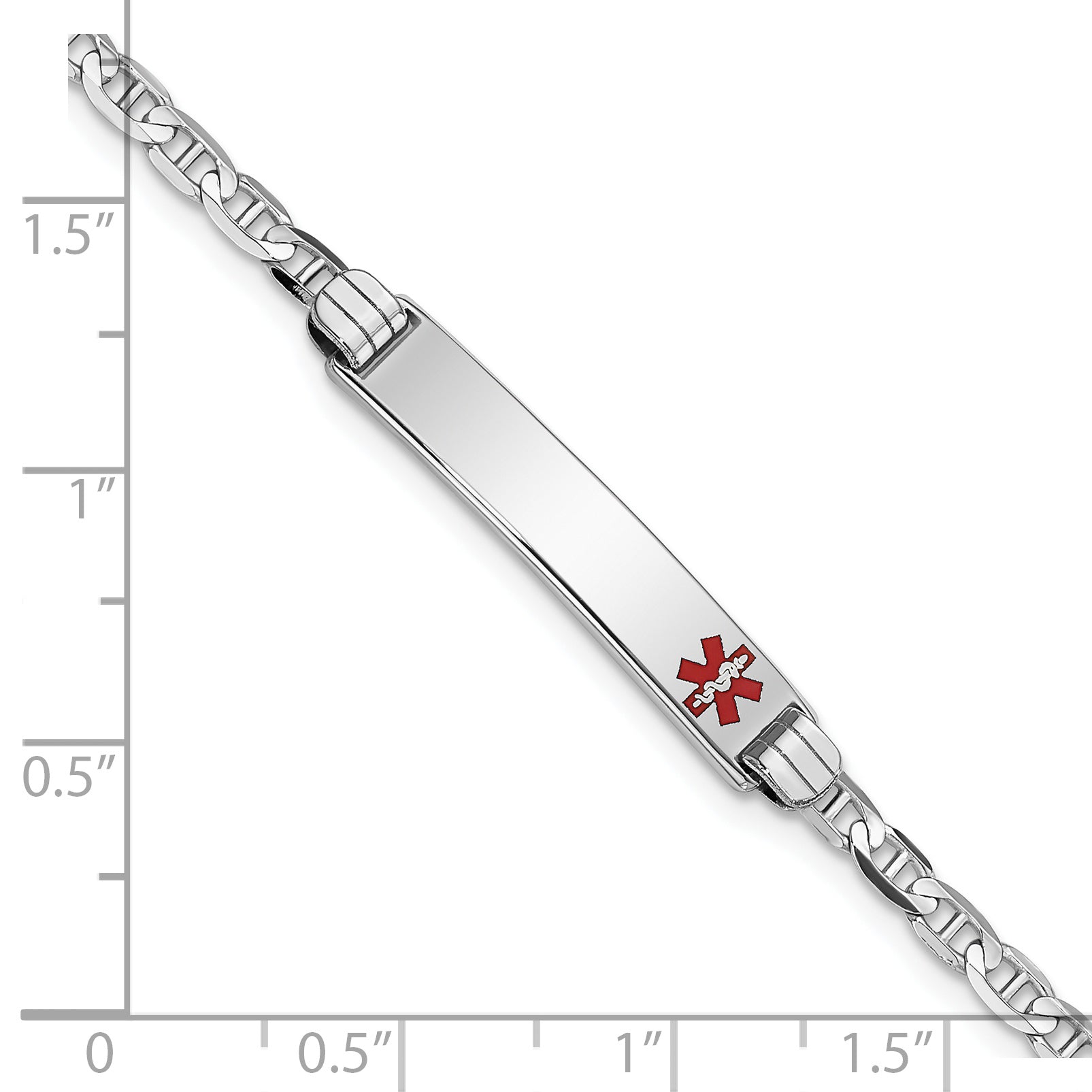 14K White Gold Medical Solid Chain/Solid Plate 26x5mm Off-Center Red Enamel Anchor Link 7 inch ID Bracelet
