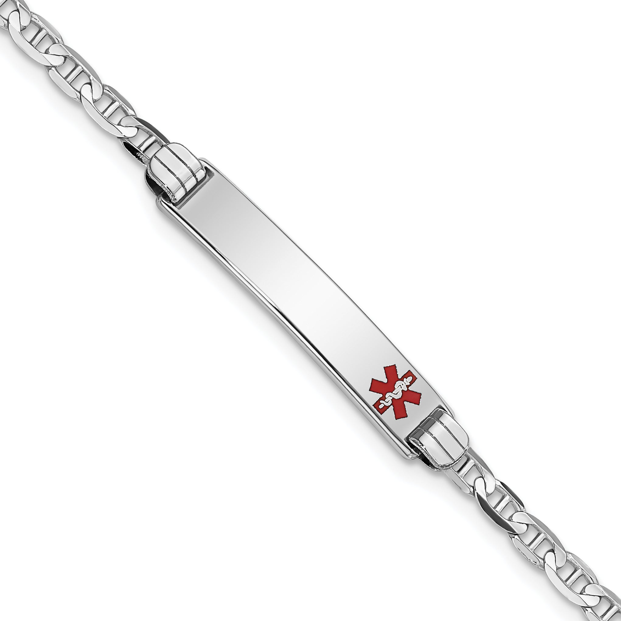 14K White Gold Medical Solid Chain/Solid Plate 26x5mm Off-Center Red Enamel Anchor Link 7 inch ID Bracelet