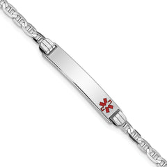 14K White Gold Medical Solid Chain/Solid Plate 26x5mm Off-Center Red Enamel Anchor Link 7 inch ID Bracelet