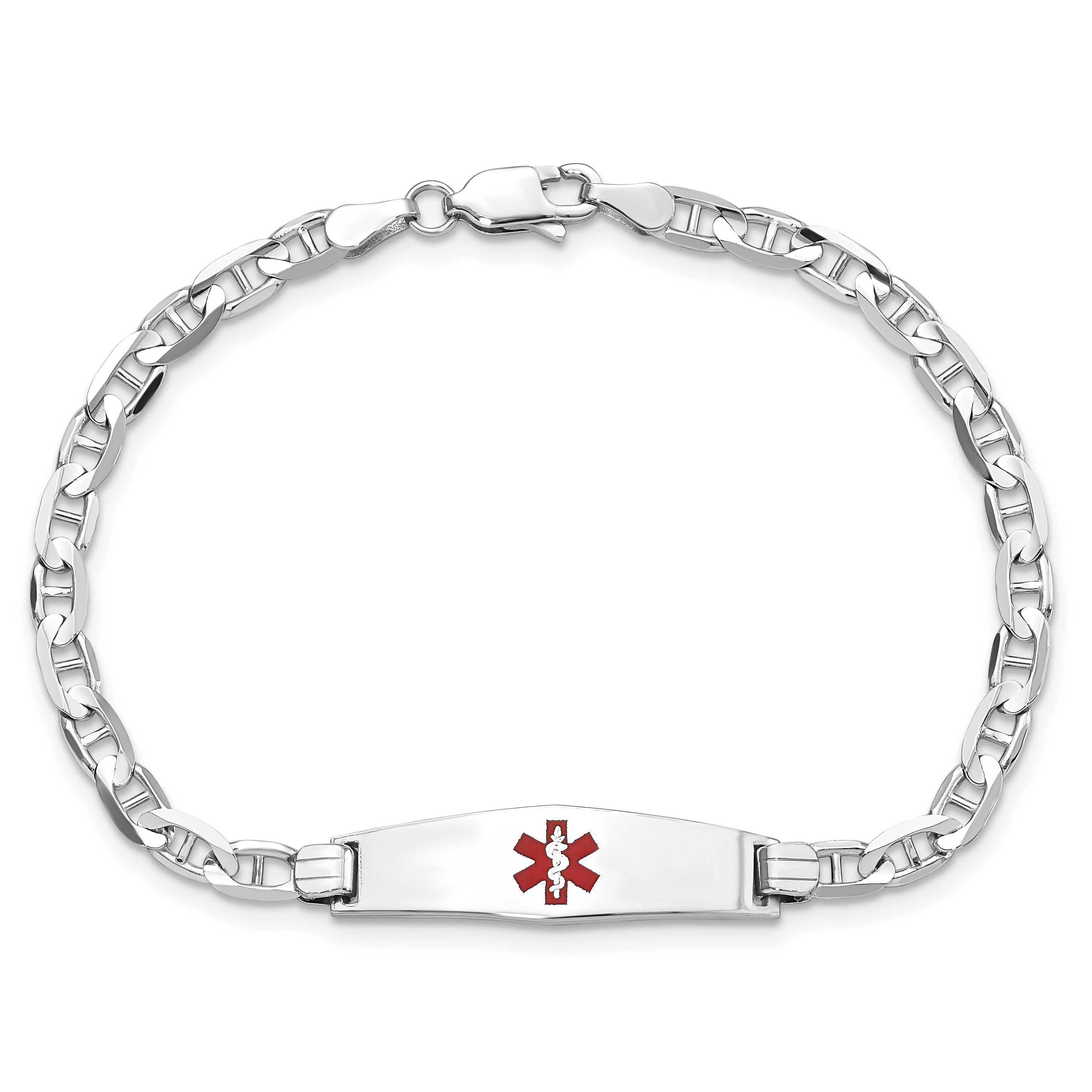 14K White Gold Medical Solid Chain/Solid Plate 24x7mm Soft Diamond Shape Centered Red Enamel Anchor Link 7 inch ID Bracelet