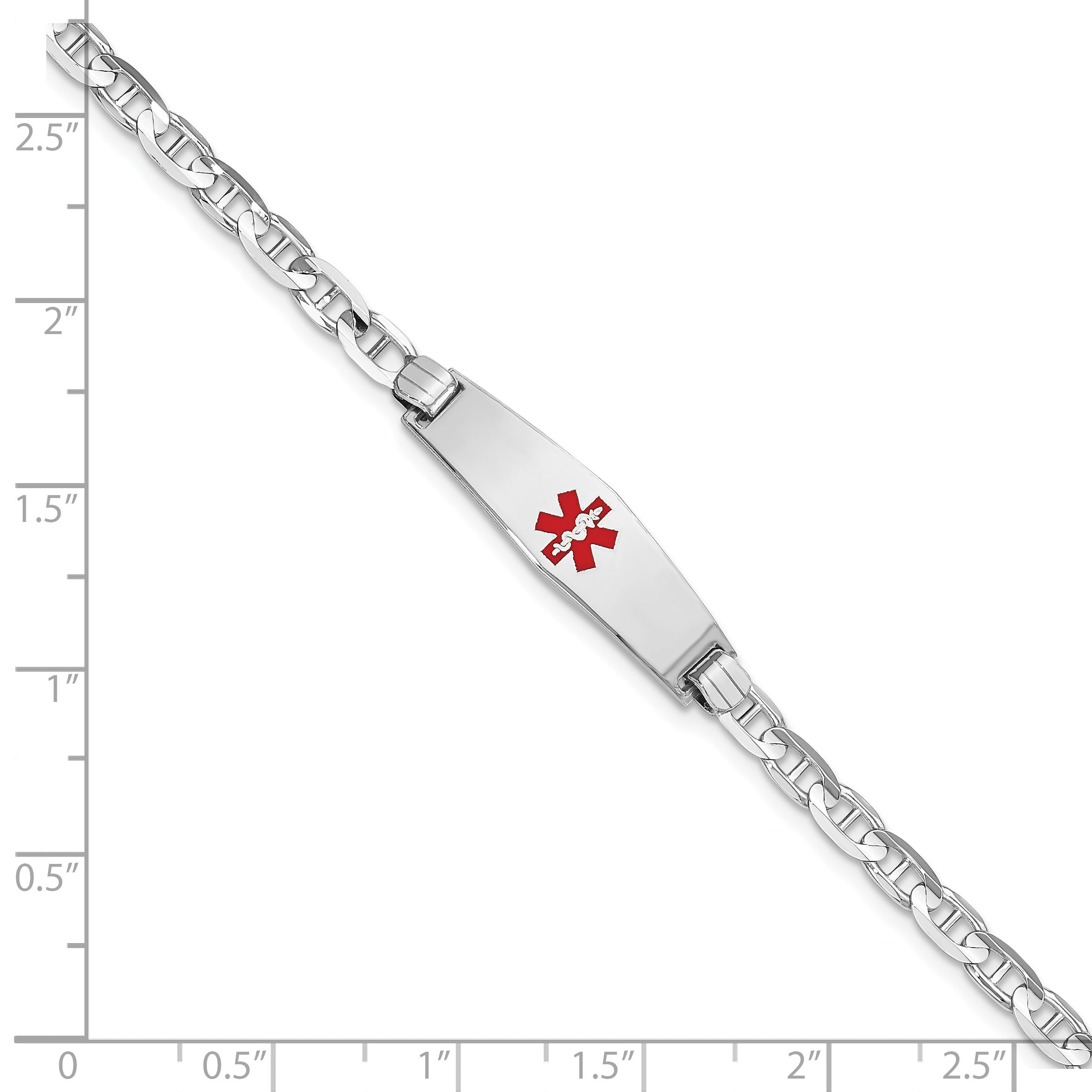 14K White Gold Medical Solid Chain/Solid Plate 24x7mm Soft Diamond Shape Centered Red Enamel Anchor Link 7 inch ID Bracelet