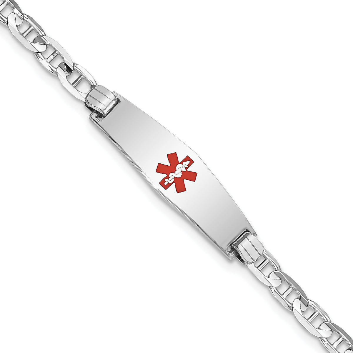 14K White Gold Medical Solid Chain/Solid Plate 24x7mm Soft Diamond Shape Centered Red Enamel Anchor Link 7 inch ID Bracelet