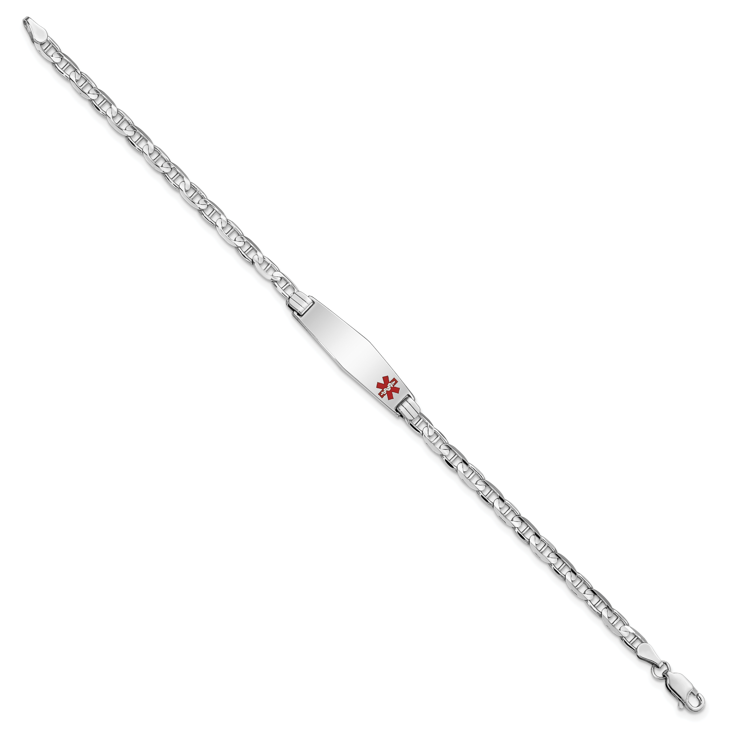 14K White Gold Medical Solid Chain/Solid Plate 26x7mm Soft Diamond Shape Off-Center Red Enamel Anchor Link 8 inch ID Bracelet Secondary image