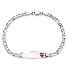 14K White Gold Medical Solid Chain/Solid Plate 26x7mm Soft Diamond Shape Off-Center Red Enamel Anchor Link 7 inch ID Bracelet